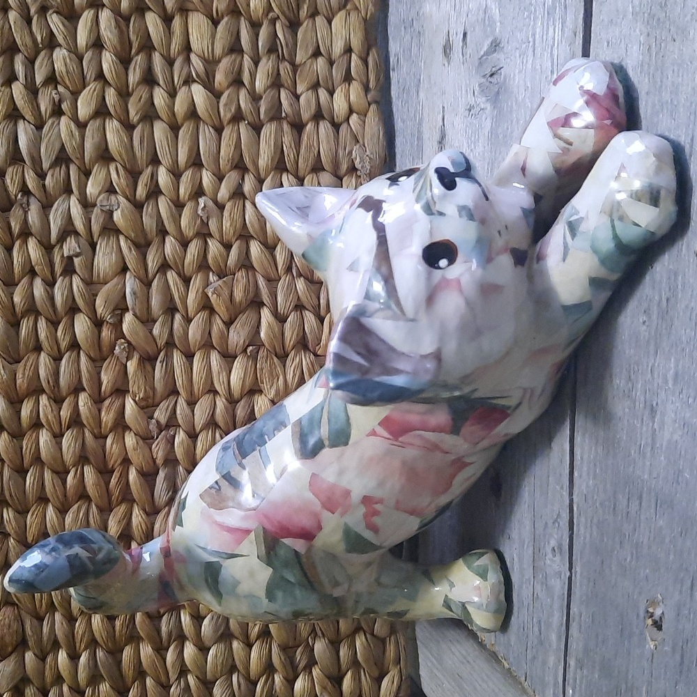 Vintage cottagecore handmade ceramic green and pink playful cat figurine